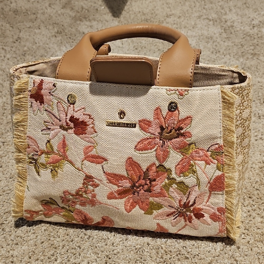 Floral Embroidered Beige Canvas Tote with Tan Handles